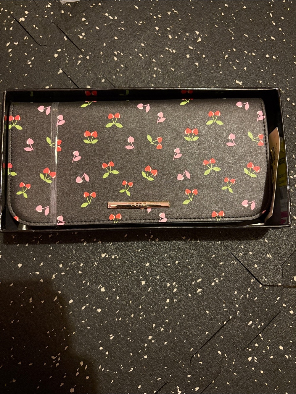Aldo Black Wallet Clutch with Red and Pink Cherry Print